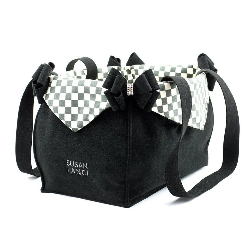 Susan Lanci Designs | Black Double Nouveau Bow Luxury Carrier with Windsor Check Flaps