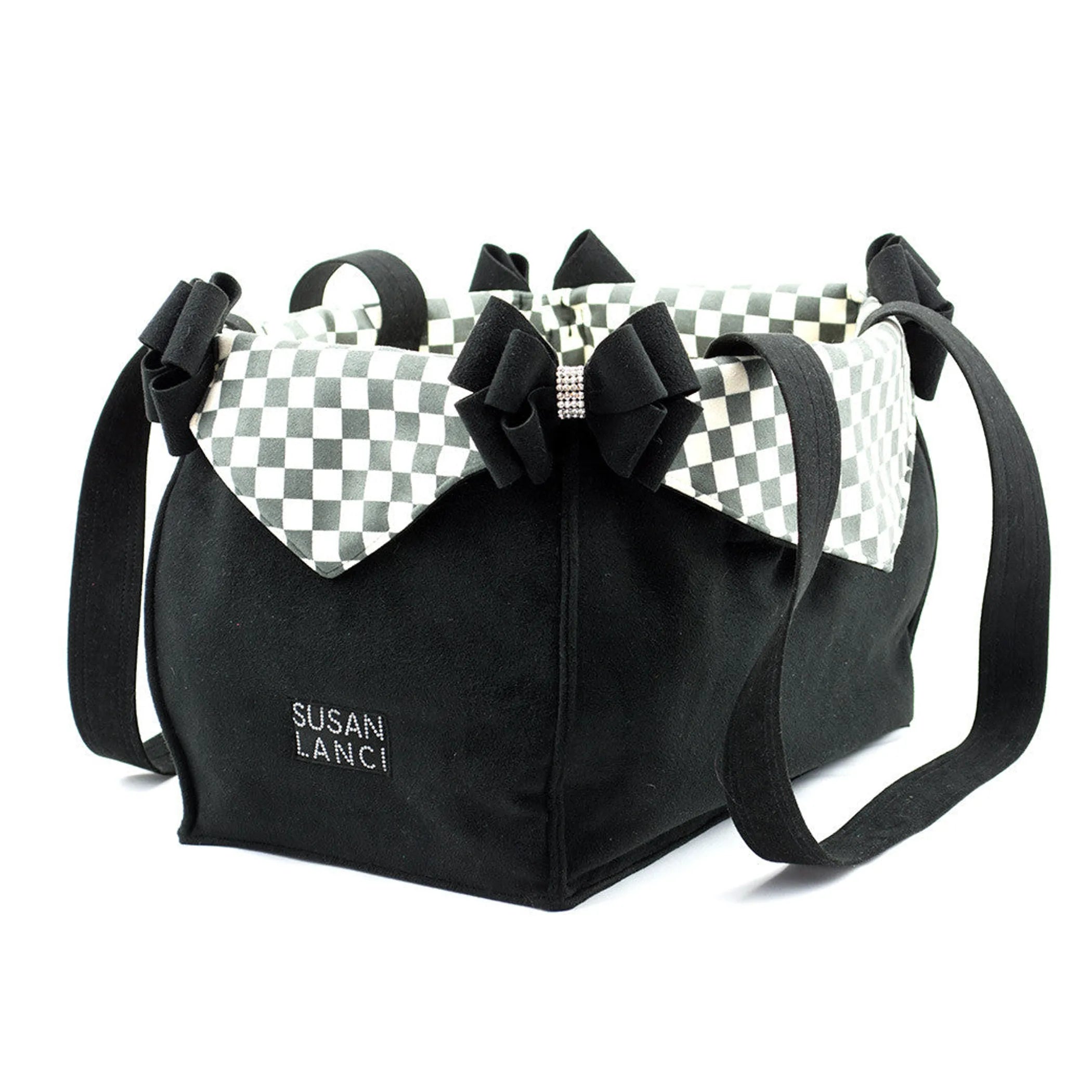 Susan Lanci Designs | Black Double Nouveau Bow Luxury Carrier with Windsor Check Flaps