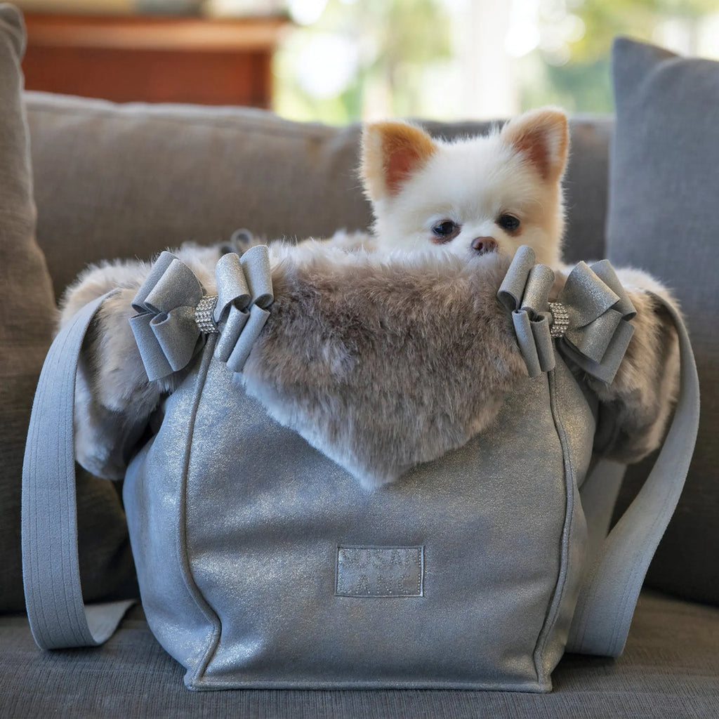 Susan Lanci Designs | Platinum Glitzerati Double Nouveau Bow Luxury Carrier with Fur Trim