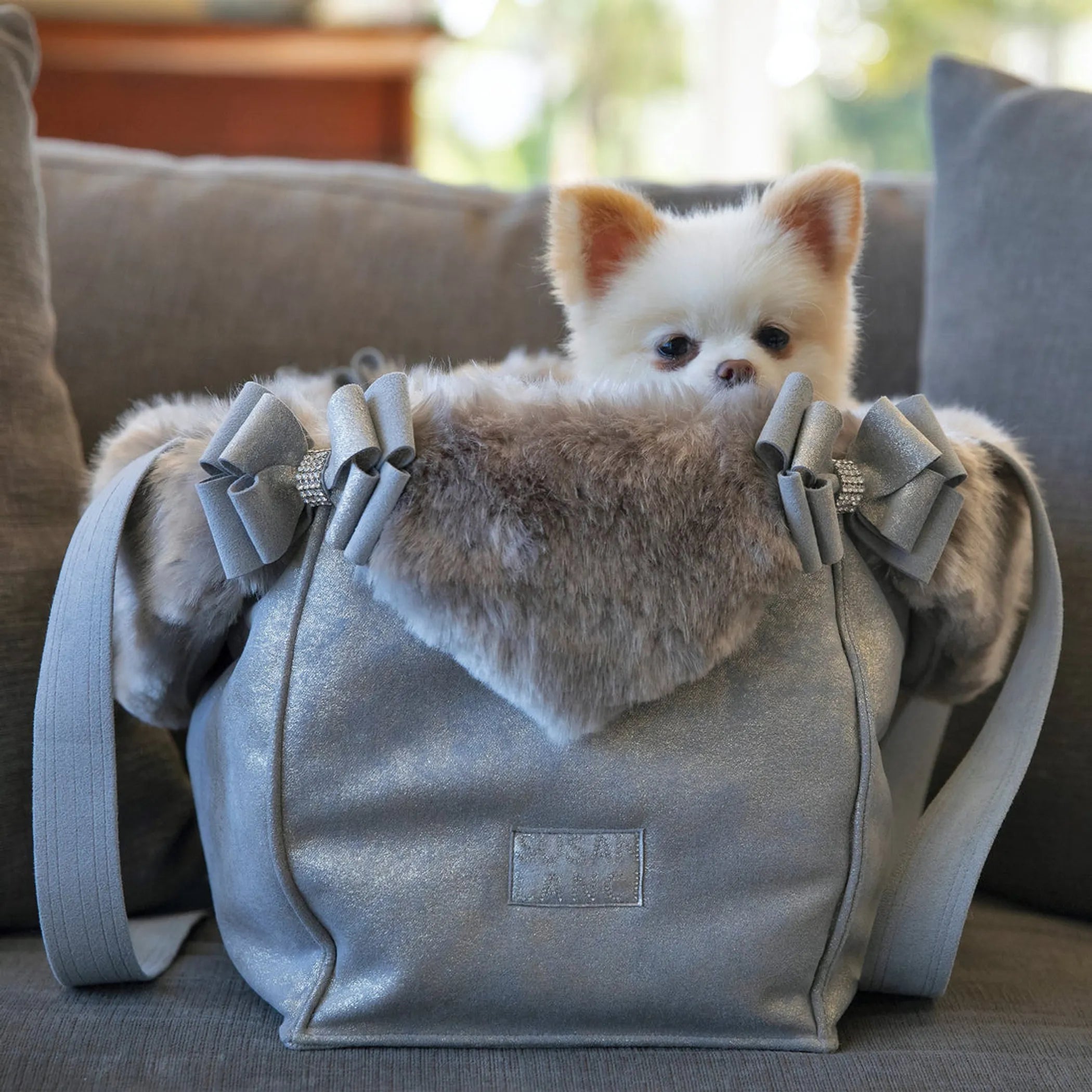 Susan Lanci Designs | Platinum Glitzerati Double Nouveau Bow Luxury Carrier with Fur Trim