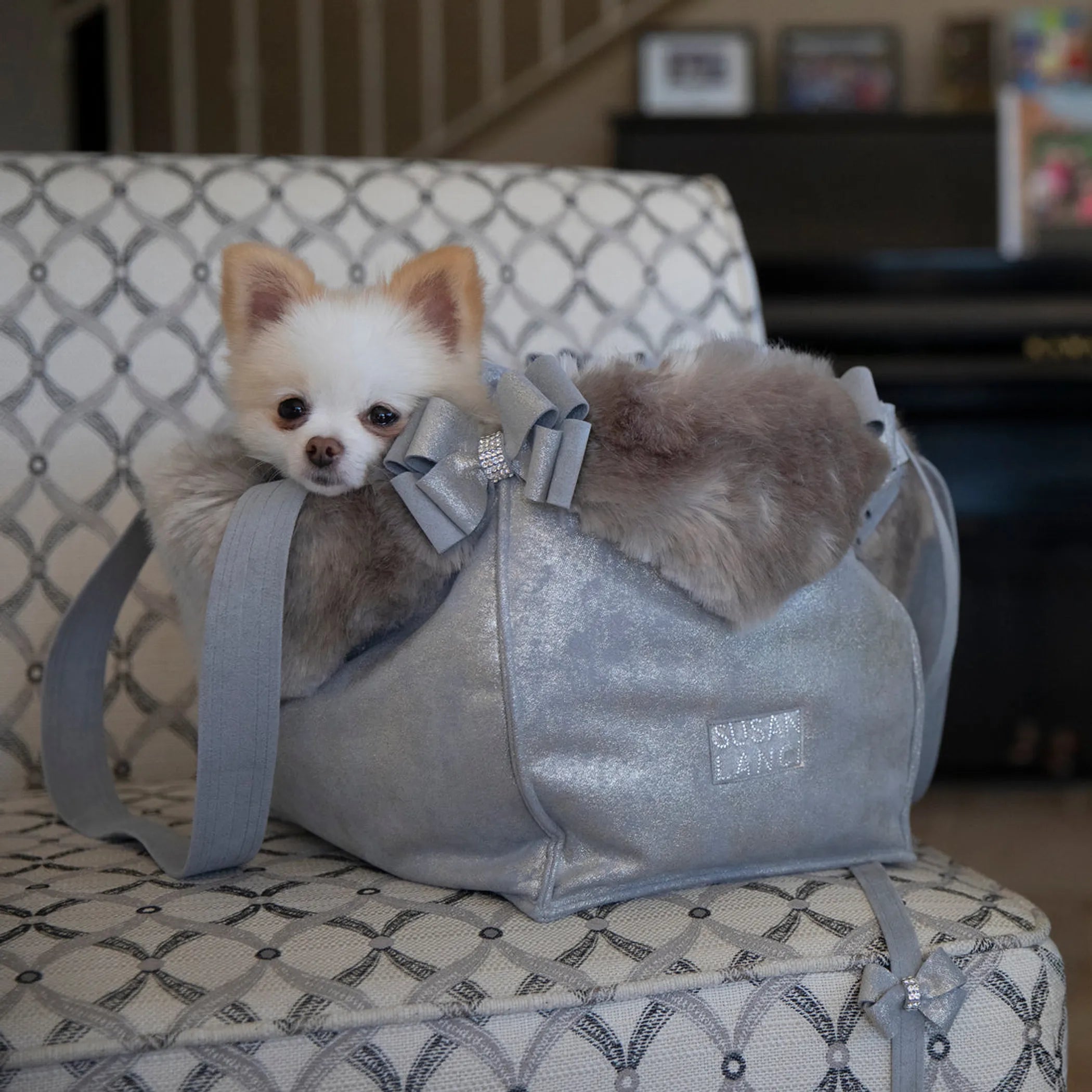 Susan Lanci Designs | Platinum Glitzerati Double Nouveau Bow Luxury Carrier with Fur Trim