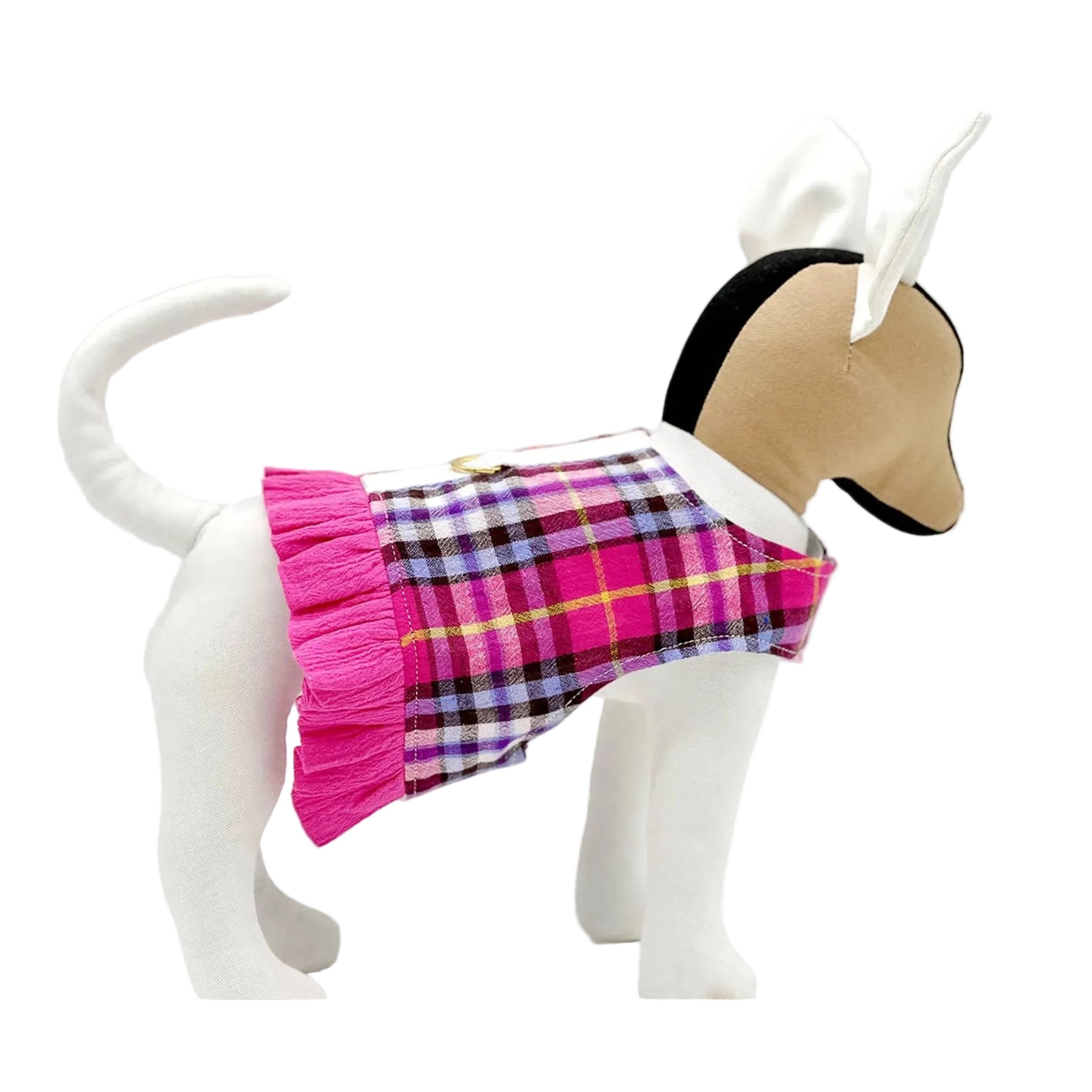 Pink Plaid Harness Vest with Ruffle Trim