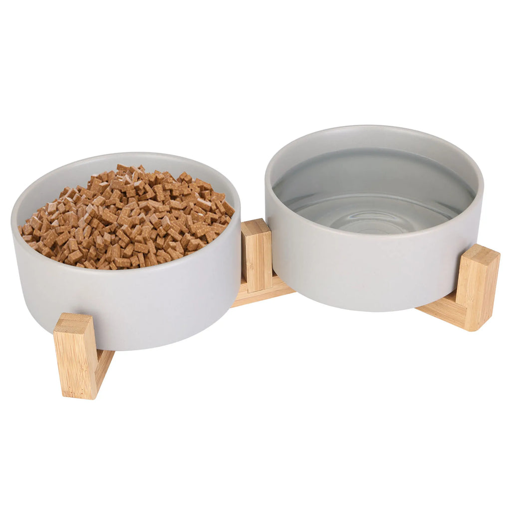 Elevated Ceramic Pet Bowls with Wooden Stand