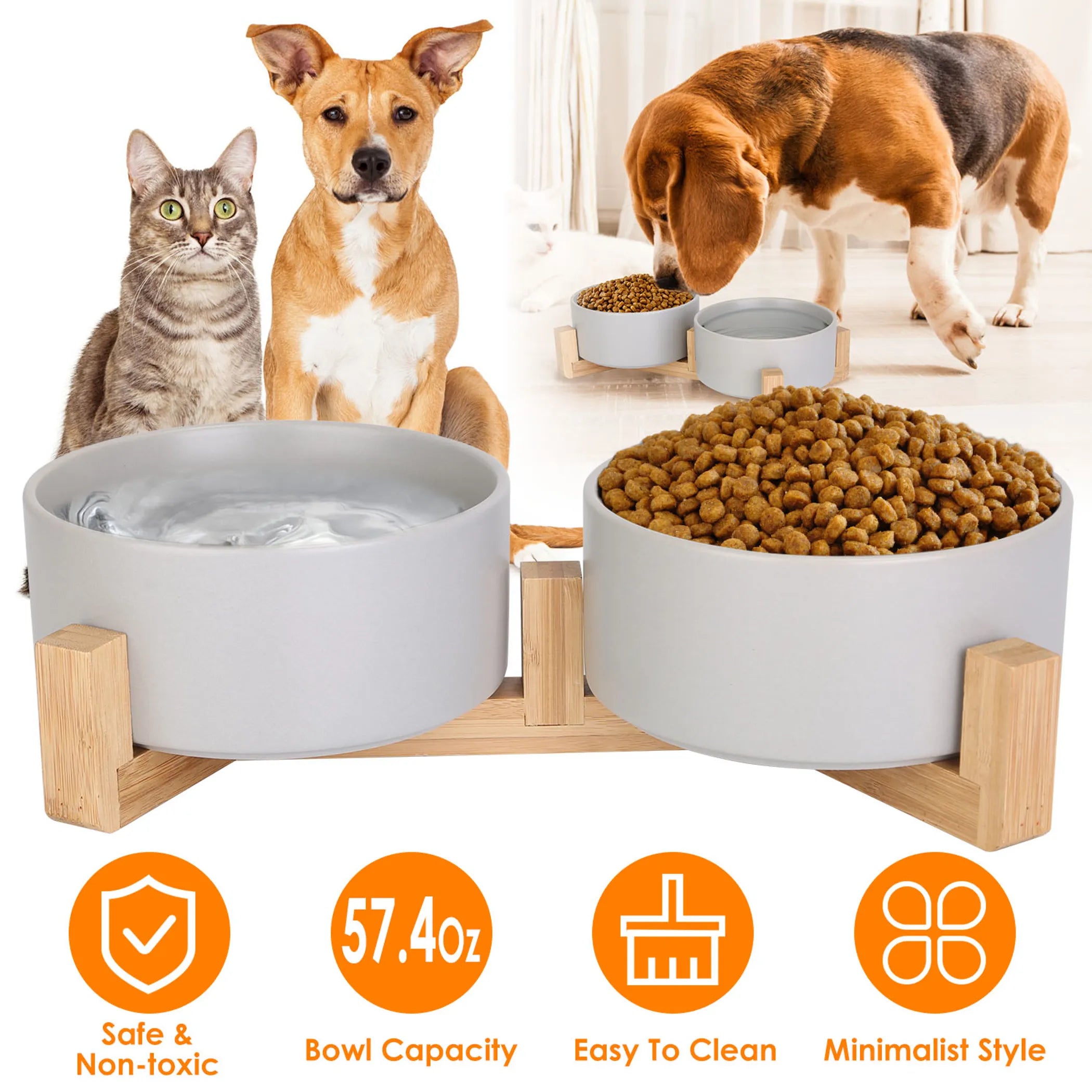 Elevated Ceramic Pet Bowls with Wooden Stand