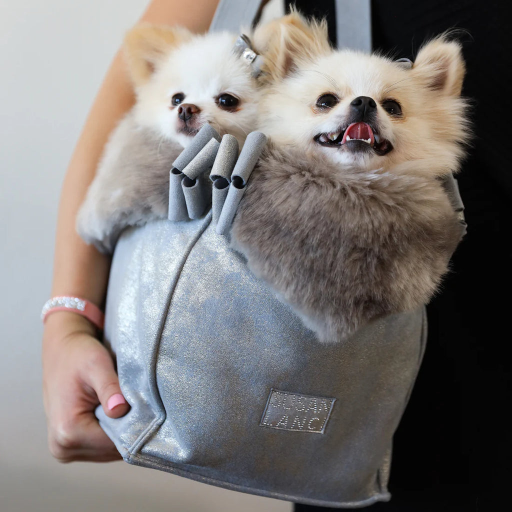 Susan Lanci Designs | Platinum Glitzerati Double Nouveau Bow Luxury Carrier with Fur Trim
