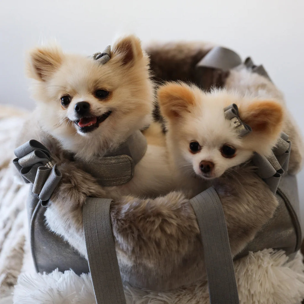 Susan Lanci Designs | Platinum Glitzerati Double Nouveau Bow Luxury Carrier with Fur Trim