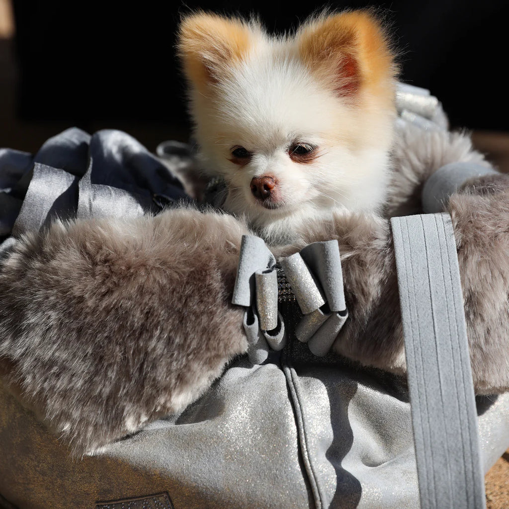 Susan Lanci Designs | Platinum Glitzerati Double Nouveau Bow Luxury Carrier with Fur Trim